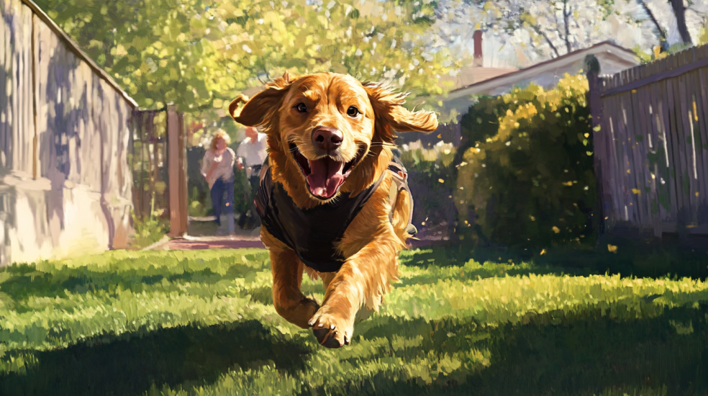 Post-surgery recovery scene showing dog with protective gear playing fetch demonstrating successful cataract treatment outcome