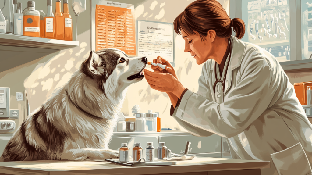 Veterinarian administering eye drops to elderly Siberian Husky showing medical treatment for canine cataracts
