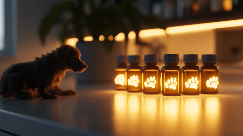 Small veterinary-labeled eye drop bottles arranged near a silhouette of a calm dog