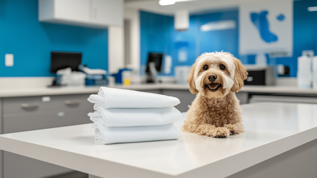 Chlorhexidine pet wipes on a countertop with a happy dog in the background