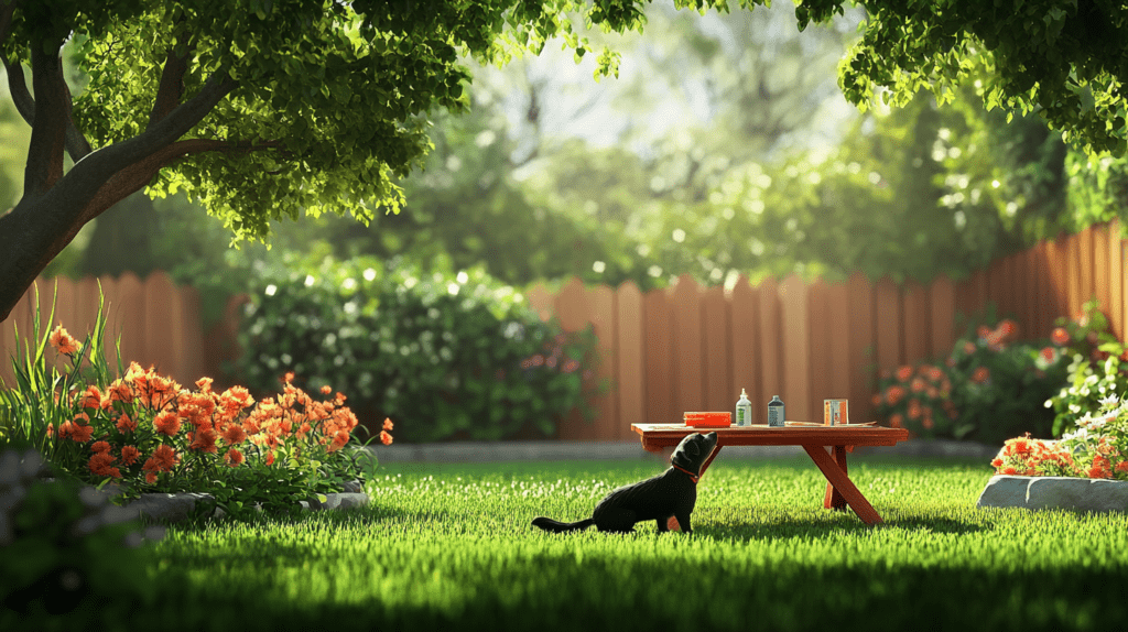 Playful dog in a backyard with Chlorhexidine wipes on a picnic table