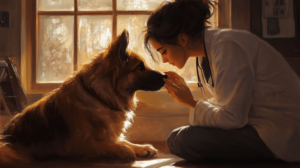 Veterinarian examining a dog's eyes in a clinic setting 