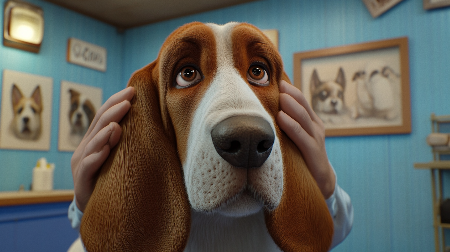 Professional groomer demonstrating preventive ear care techniques on Basset Hound