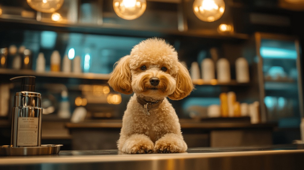 Professional groomer performing specialized ear hair trimming on Poodle in luxury salon setting