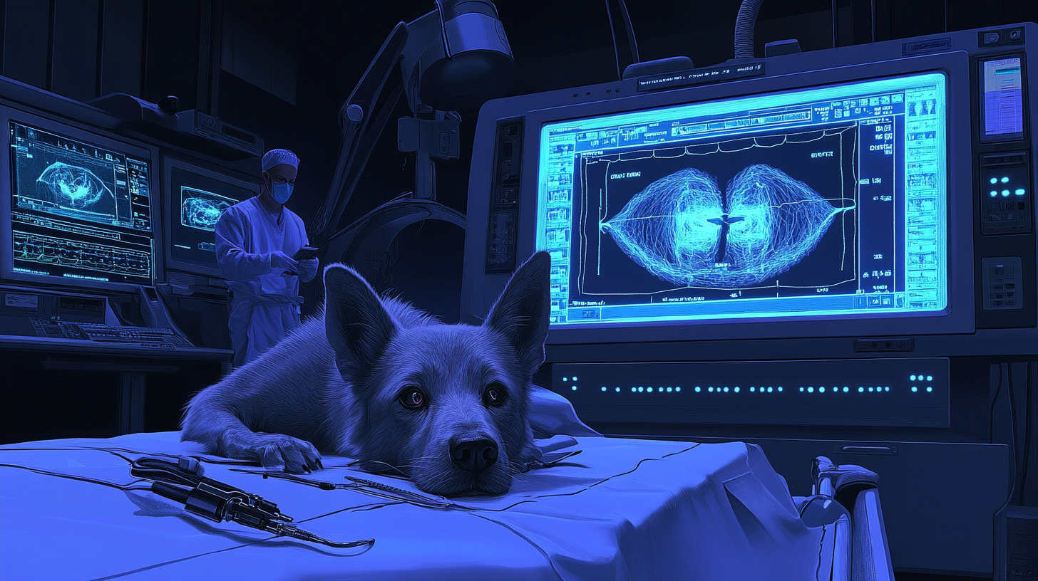 Veterinary surgical team performing canine cataract surgery using phacoemulsification technique in modern operating room