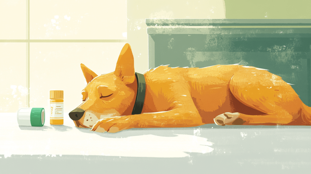 An instructional image displaying a calm dog alongside home-care essentials like an e-collar and healing ointment