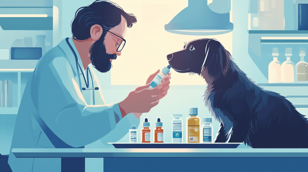 Vet presenting multiple lubricating drops for a dog with dryness issues
